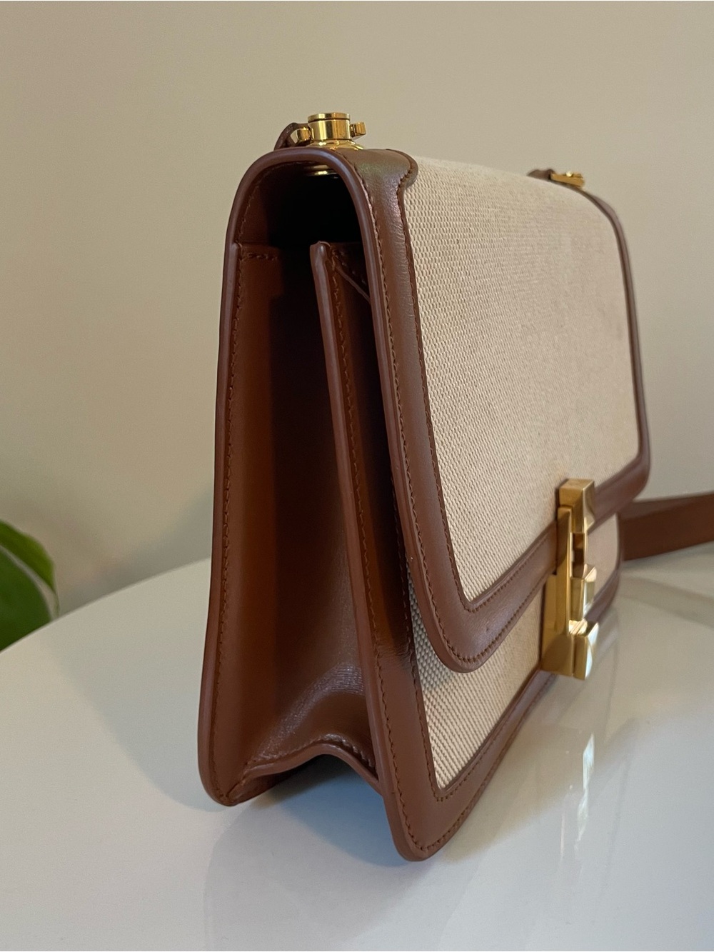 Saint Laurent Carré Canvas Satchel Crossbody Bag – Beige Canvas & Cognac Leather - Picture 5 of 11